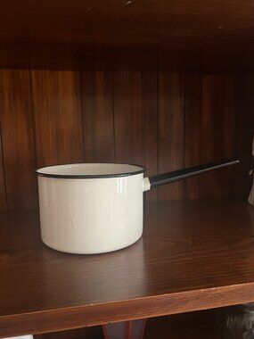 Vintage  Enamelware  Sauce Pan Pot 36 oz. White Black Trim